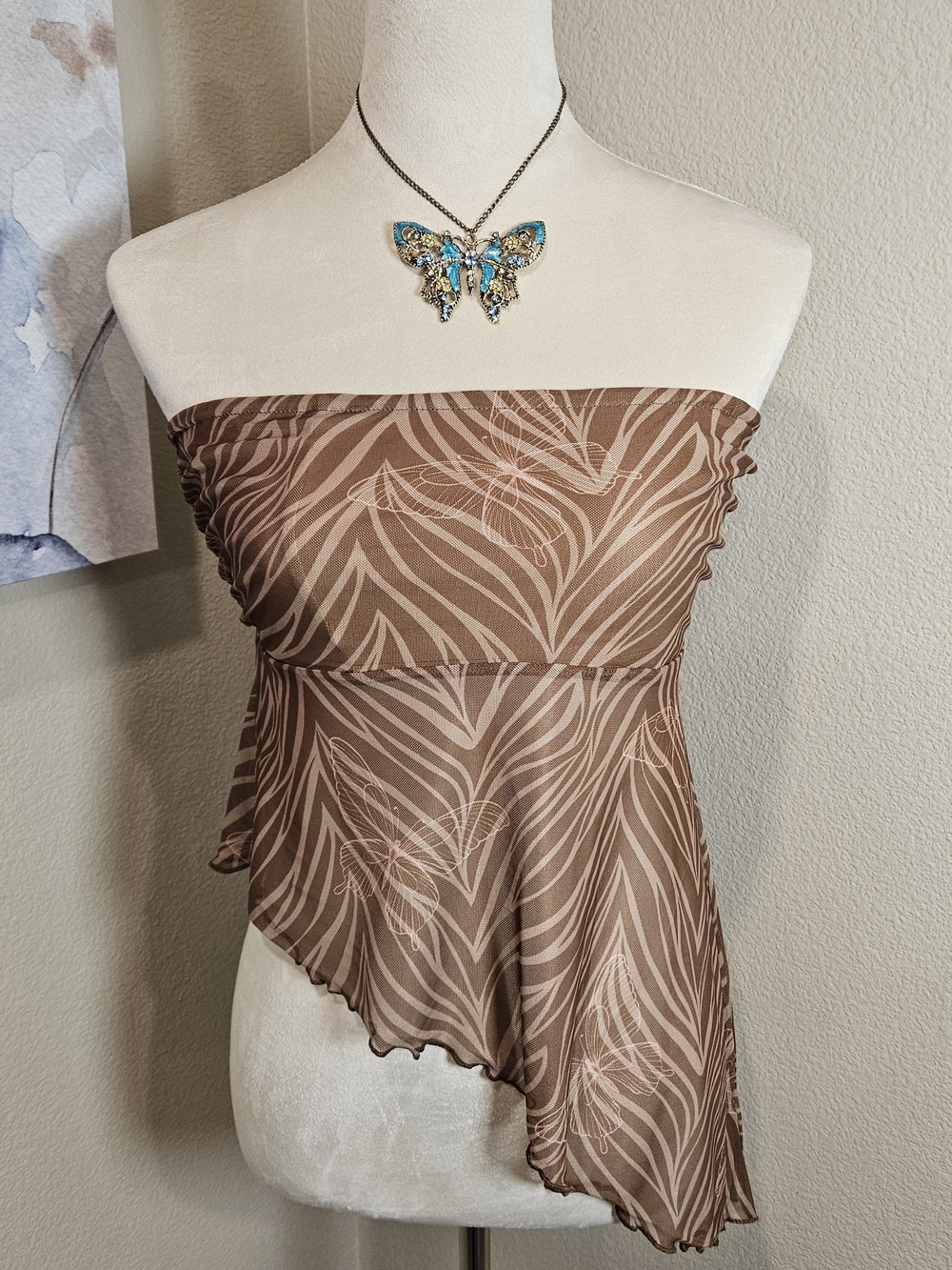 Ruby & Jewell Asymmetrical Brown Strapless Butterfly Print Crop Top M Fairy NWOT
